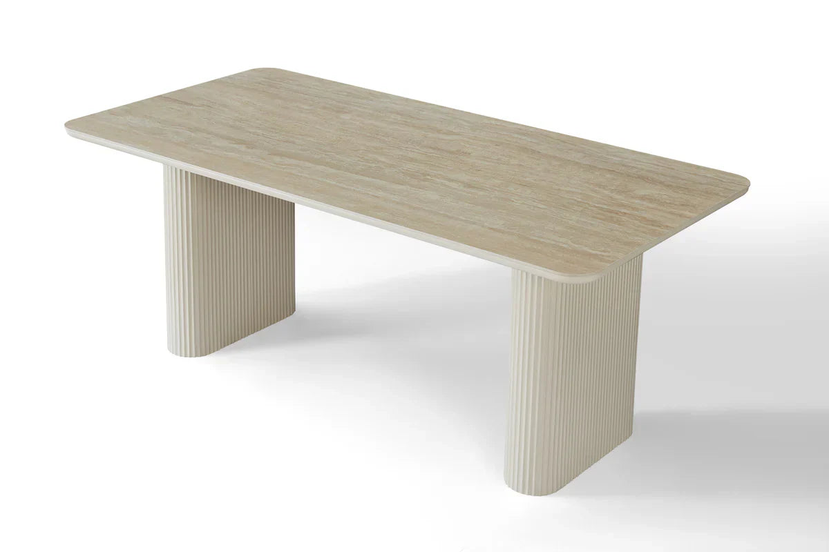 Marlow 180cm Italian Satin Cream & Travertine Ceramic Marble Dining Table