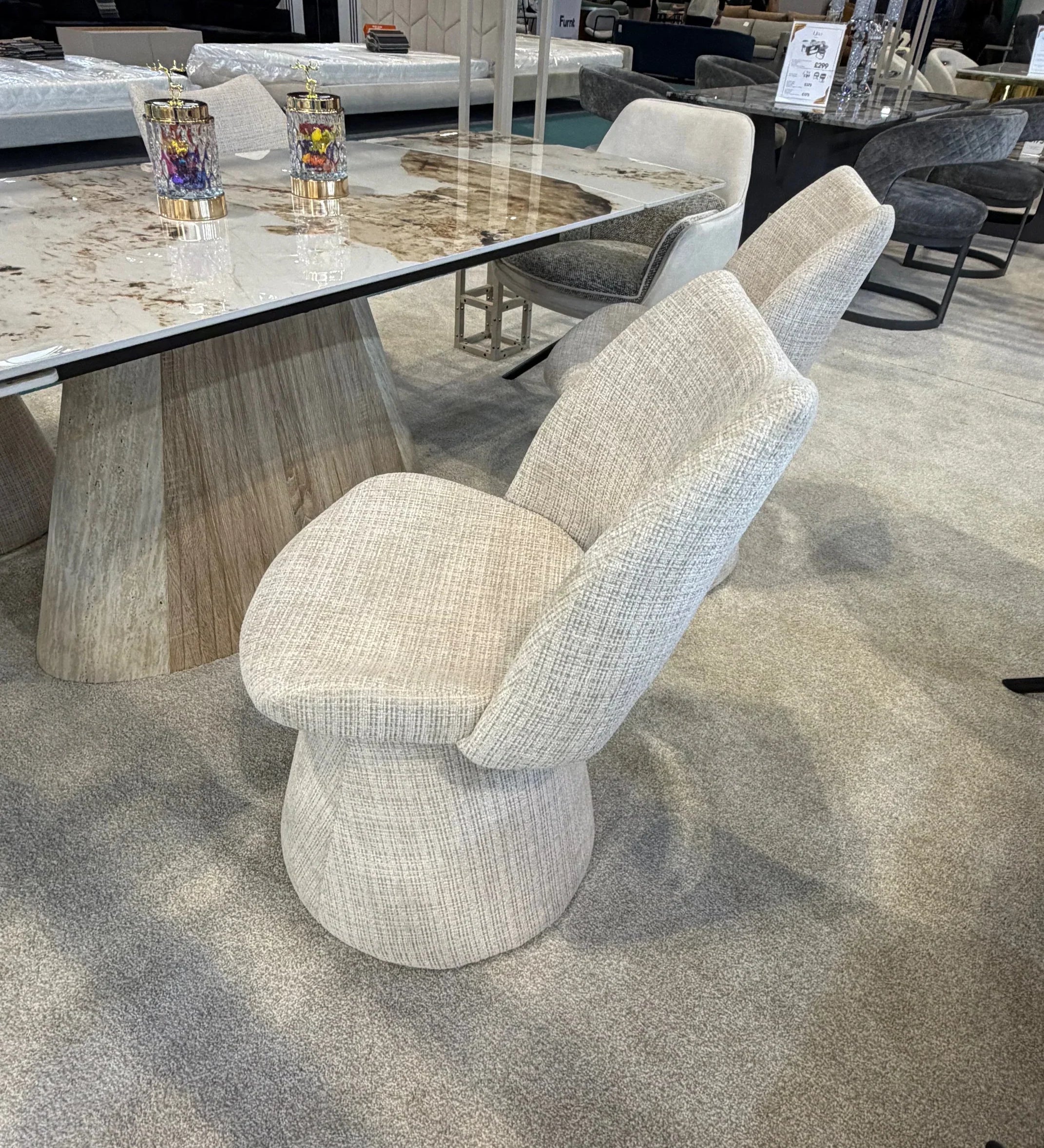 Sydney 160cm Cream Gold Ceramic Marble Dining Table With Maryland Beige 360 Swivel Velvet Dining Chairs
