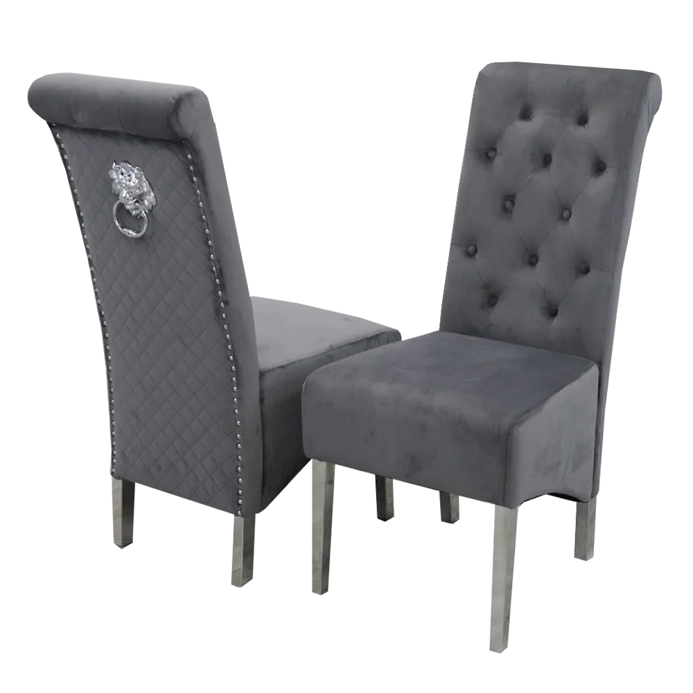Sophia Grey French Velvet Lion Knocker Quilted Dining Chair With Chrome Legs-Esme Furnishings