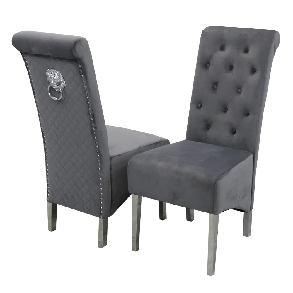 Sophia Grey French Velvet Lion Knocker Quilted Dining Chair With Chrome Legs-Esme Furnishings
