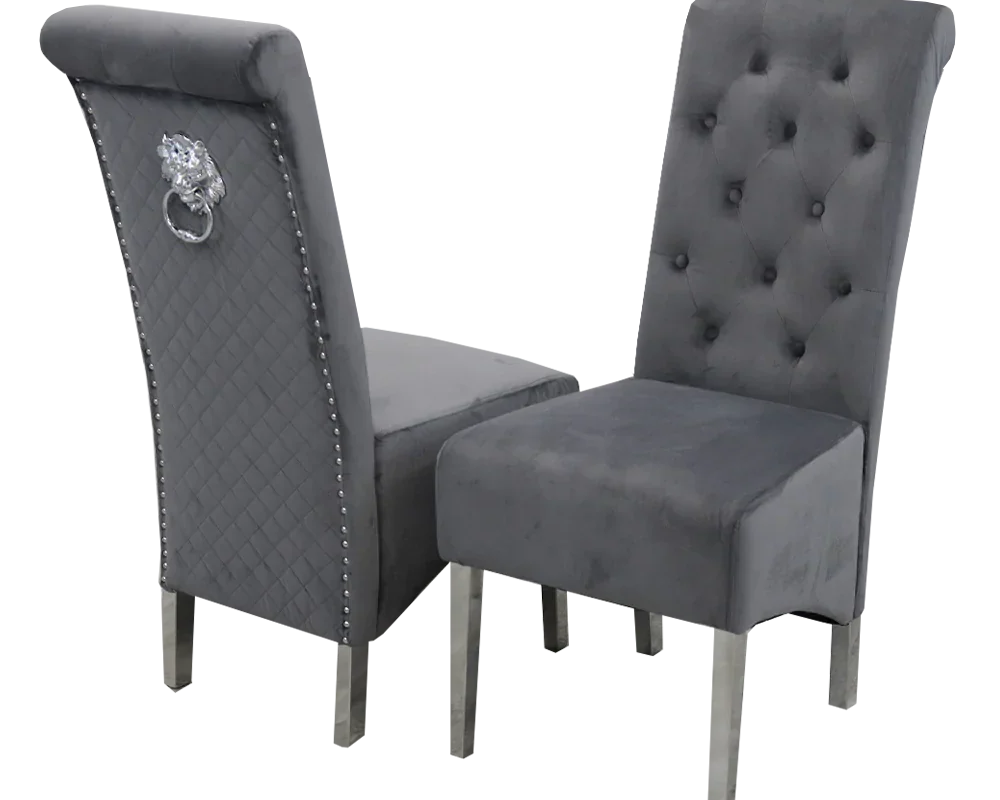 Sophia Grey French Velvet Lion Knocker Quilted Dining Chair With Chrome Legs-Esme Furnishings
