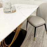 Orion 180cm White/Gold Dining Table With Victoria Lion Knocker Velvet Gold Chairs