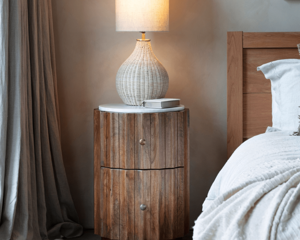 Libra Interiors Carmel Curved Wooden Two Drawer Bedside - Marble Top