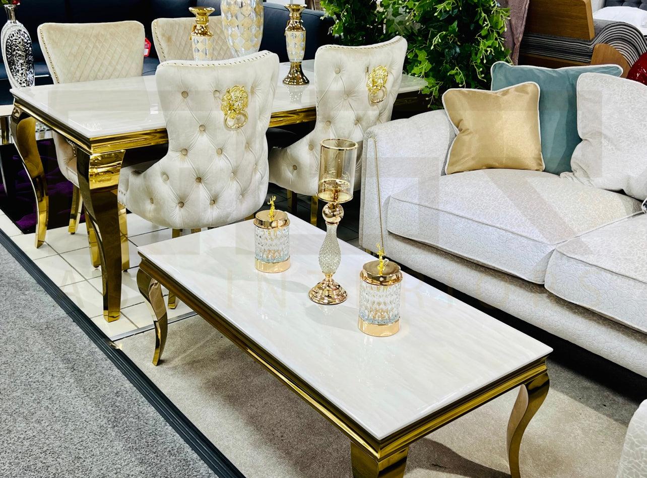Louis 180cm Cream & Gold Marble Dining Table + Valente Cream Gold Lion Knocker Velvet Chairs-Esme Furnishings