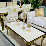 Louis 160cm Cream & Gold Marble Dining Table + Valente Cream Gold Lion Knocker Velvet Chairs-Esme Furnishings