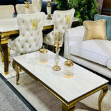 Louis 160cm Cream & Gold Marble Dining Table + Valente Cream Gold Lion Knocker Velvet Chairs-Esme Furnishings