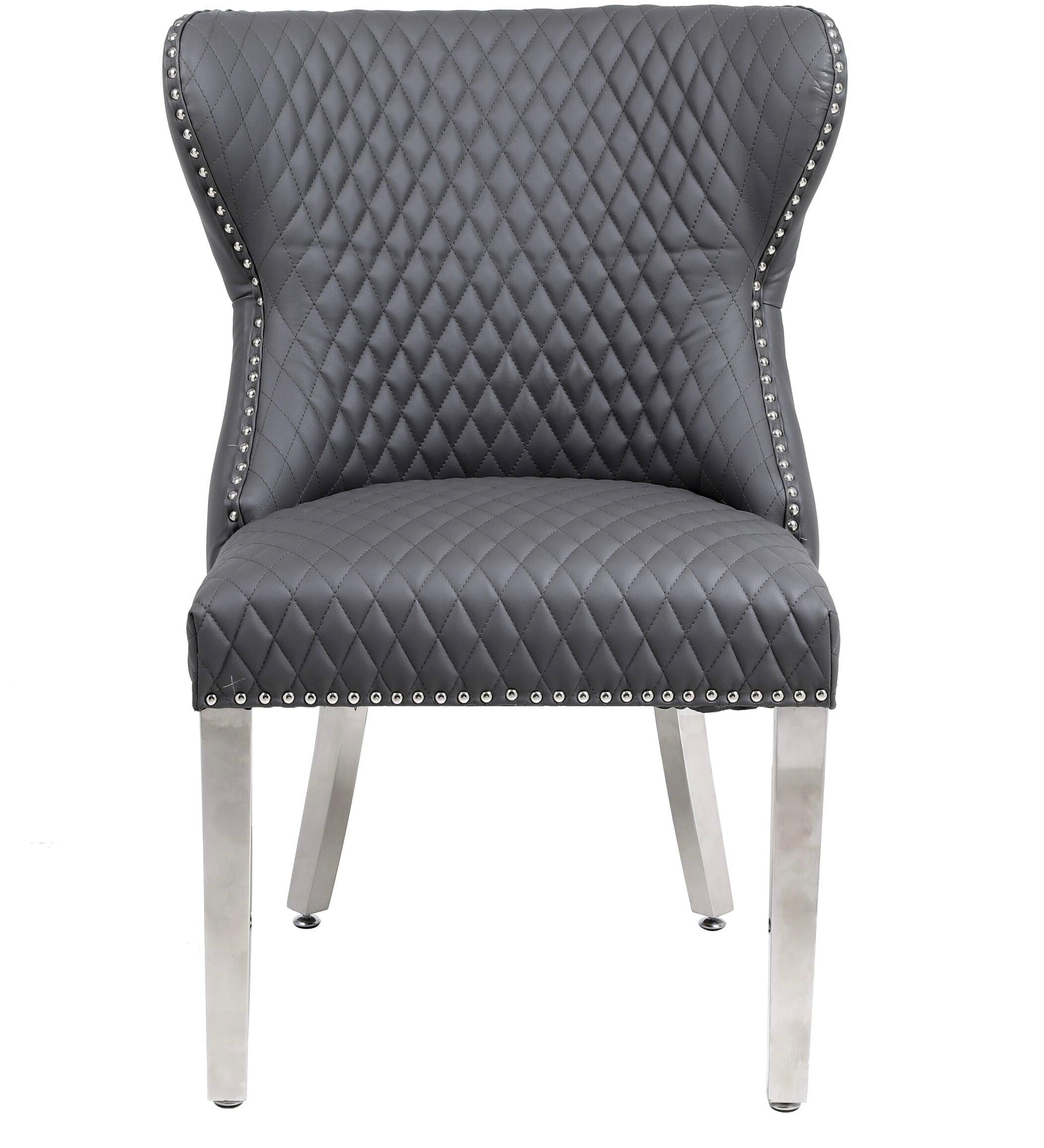 Valentino Grey Quilted PU Leather Chrome Leg Lion Knockerback Dining Chair-Esme Furnishings
