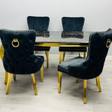 Louis Marble & Gold Dining Table With Victoria Gold Ring Knocker Velvet Chairs