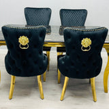 Elina 180cm Gold Marble Dining Table with Victoria Lion Knocker Chairs
