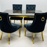 Sofia Black Gold Marble Dining Table with Majestic Black Gold Knocker Chair
