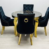 Sofia Black Gold Marble Dining Table with Majestic Black Gold Knocker Chair