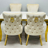 Sofia Cream & Gold Marble Dining Table with Victioria Lion Knocker Chairs