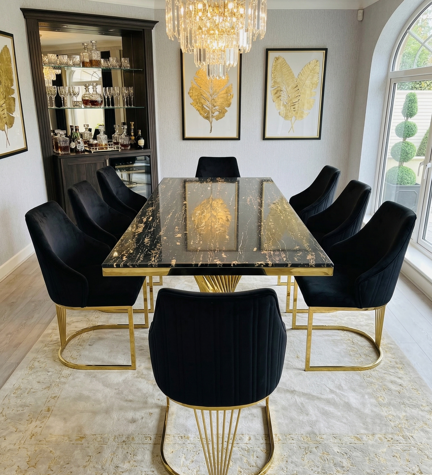 Ravello 180cm Black & Gold Dining Table with Lasco Gold Chairs