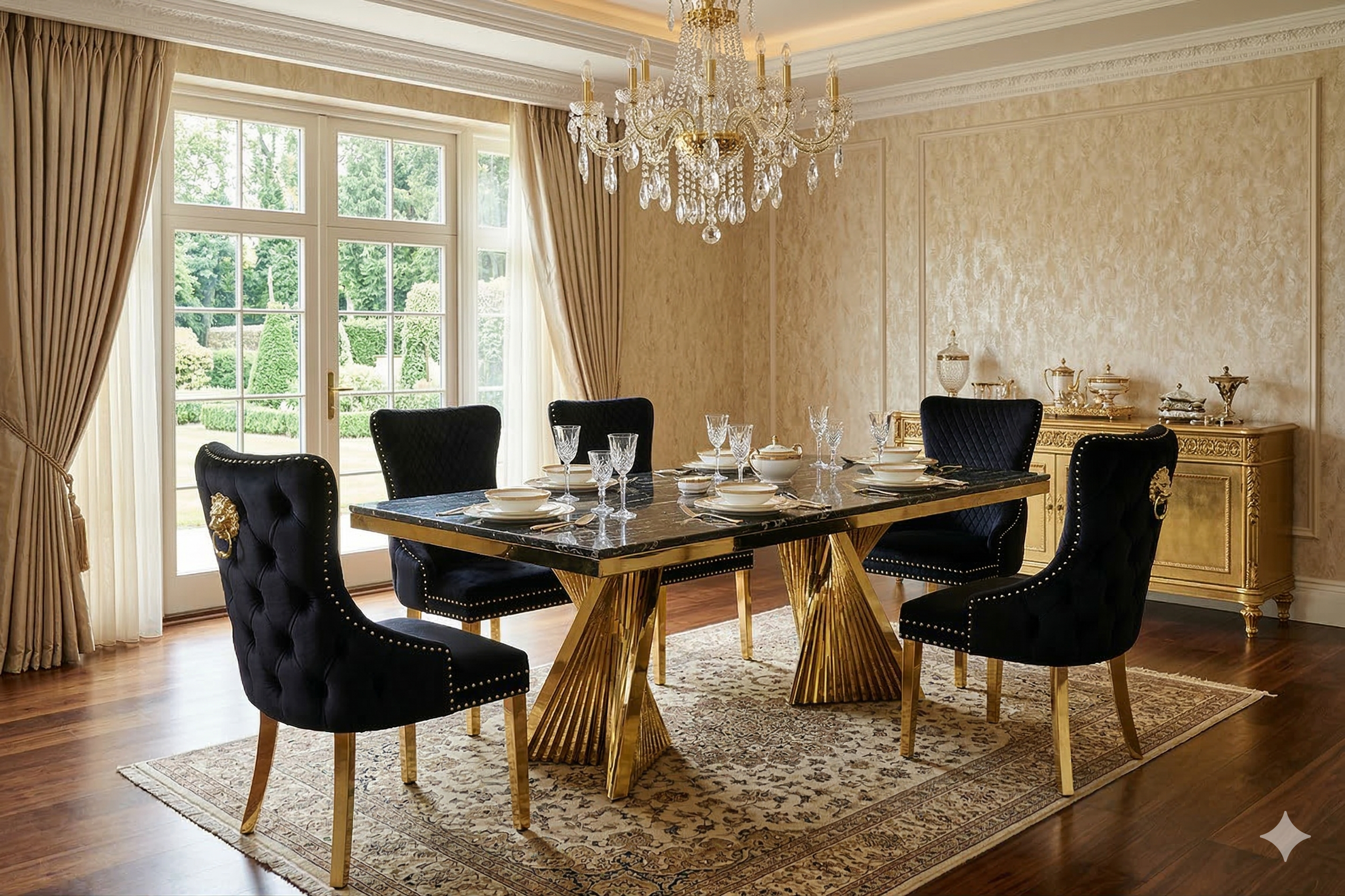 Ravello 160cm Black & Gold Dining Table Set with Victoria Lion Knocker Chairs