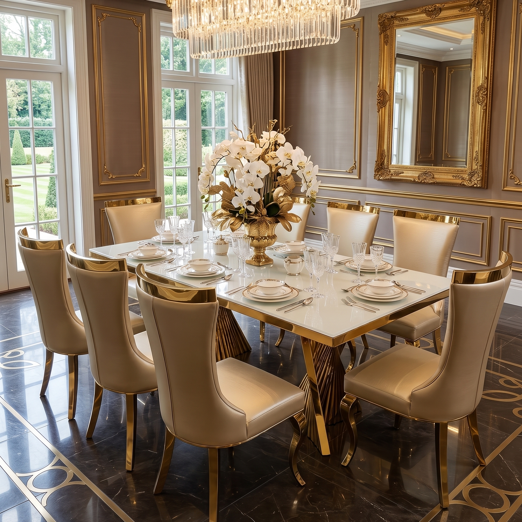 Ravello 180cm Cream & Gold Dining Table Set with Rocky Chairs