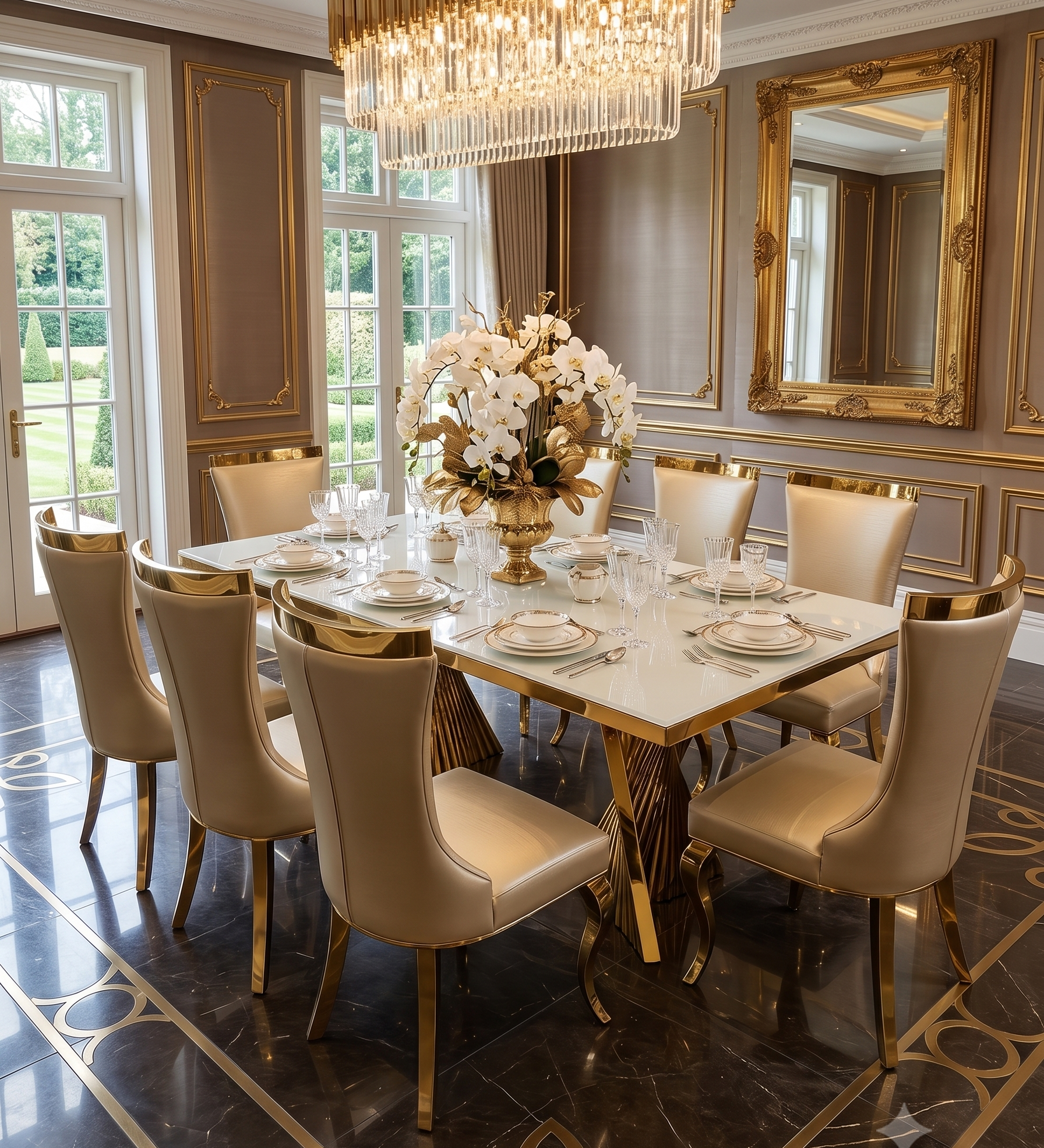 Ravello 180cm Cream & Gold Dining Table Set with Rocky Chairs