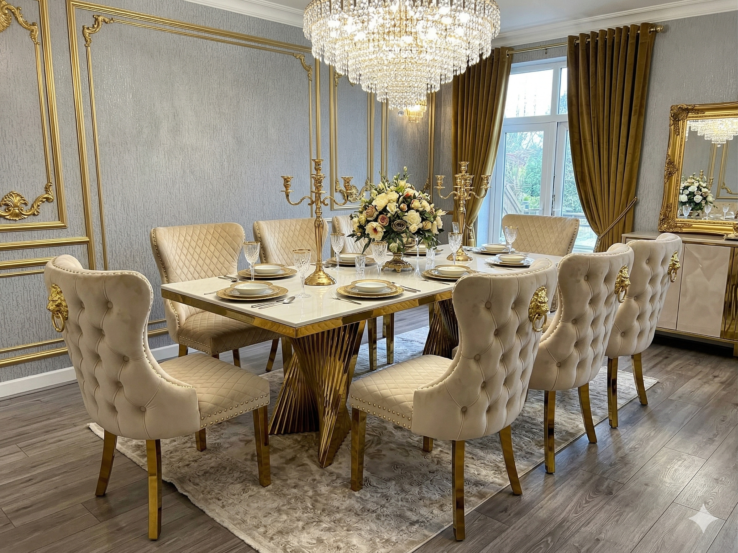 Ravello 180cm Cream & Gold Dining Table with Valentino Chairs