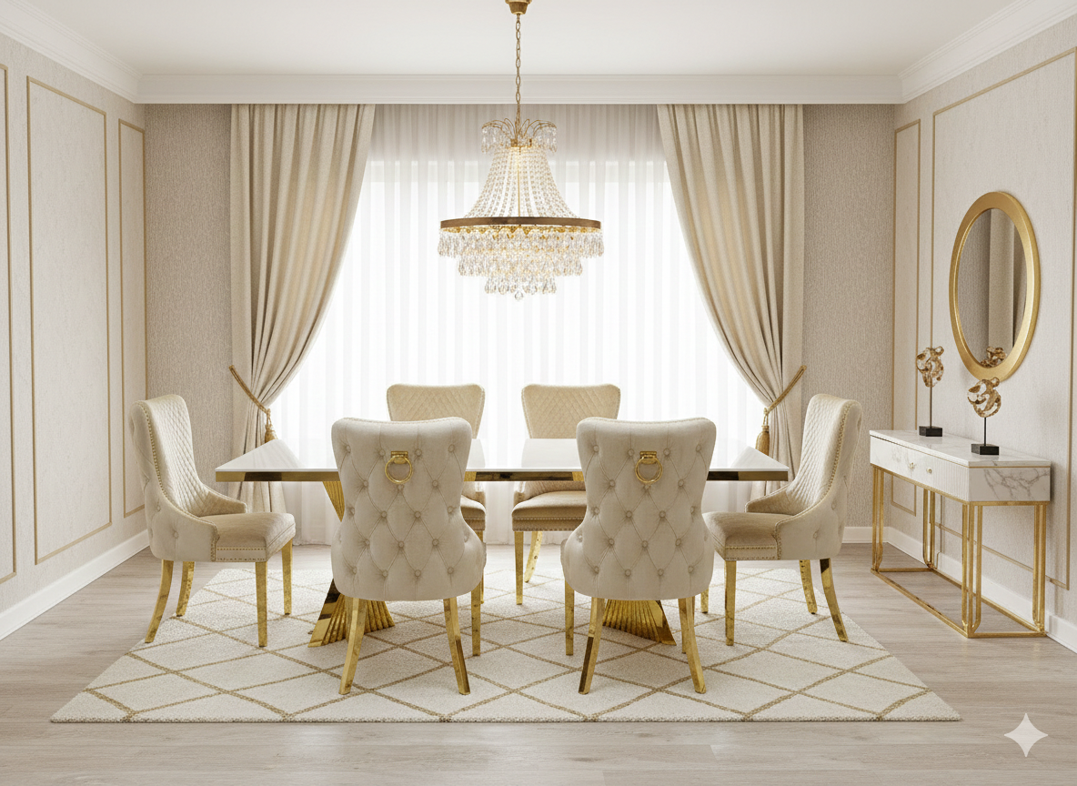 Ravello 180cm Cream & Gold Dining Table Set with Victoria Lion Knocker Chairs