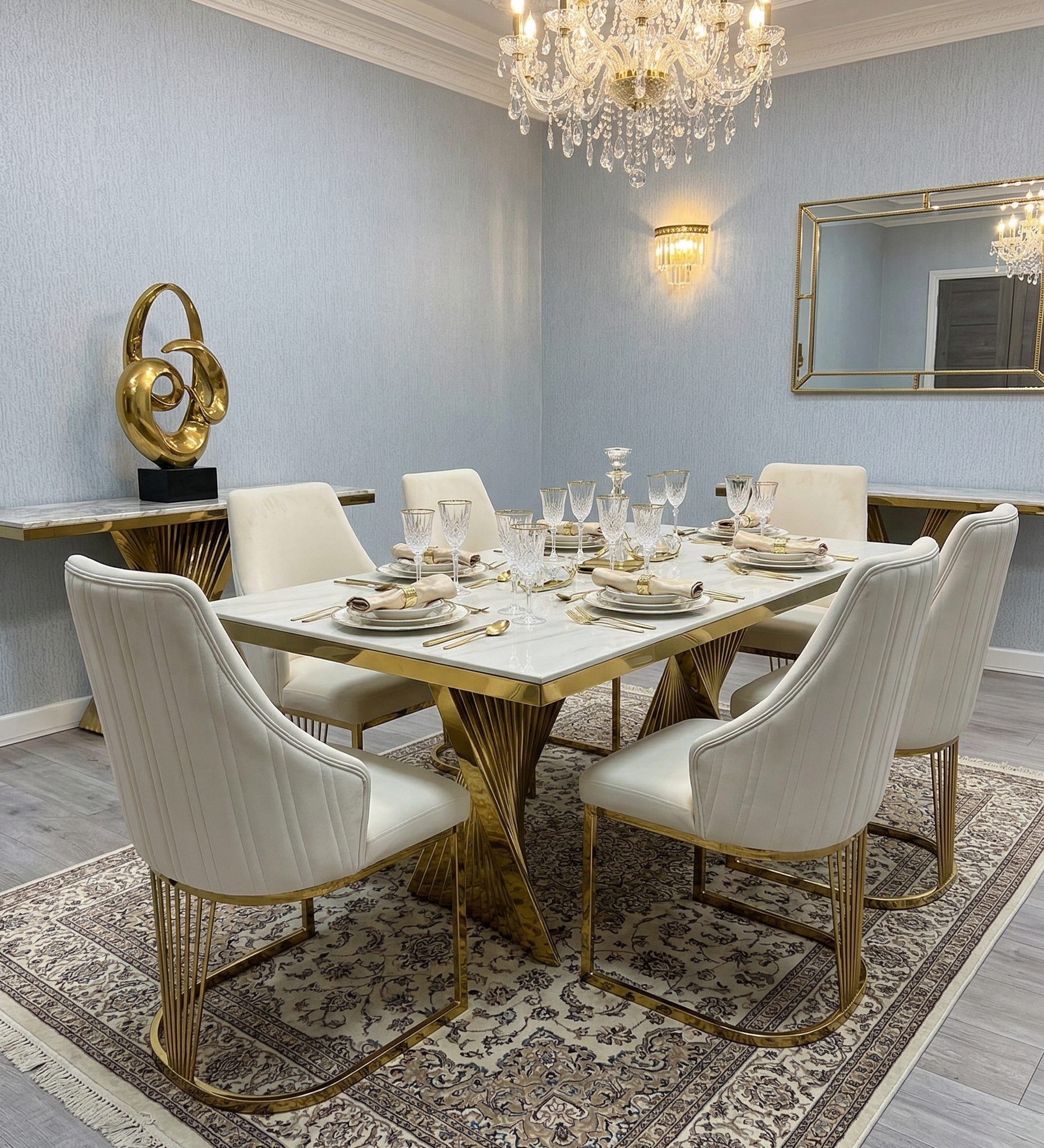 Ravello 180cm Cream & Gold Dining Table with Lasco Gold Chairs