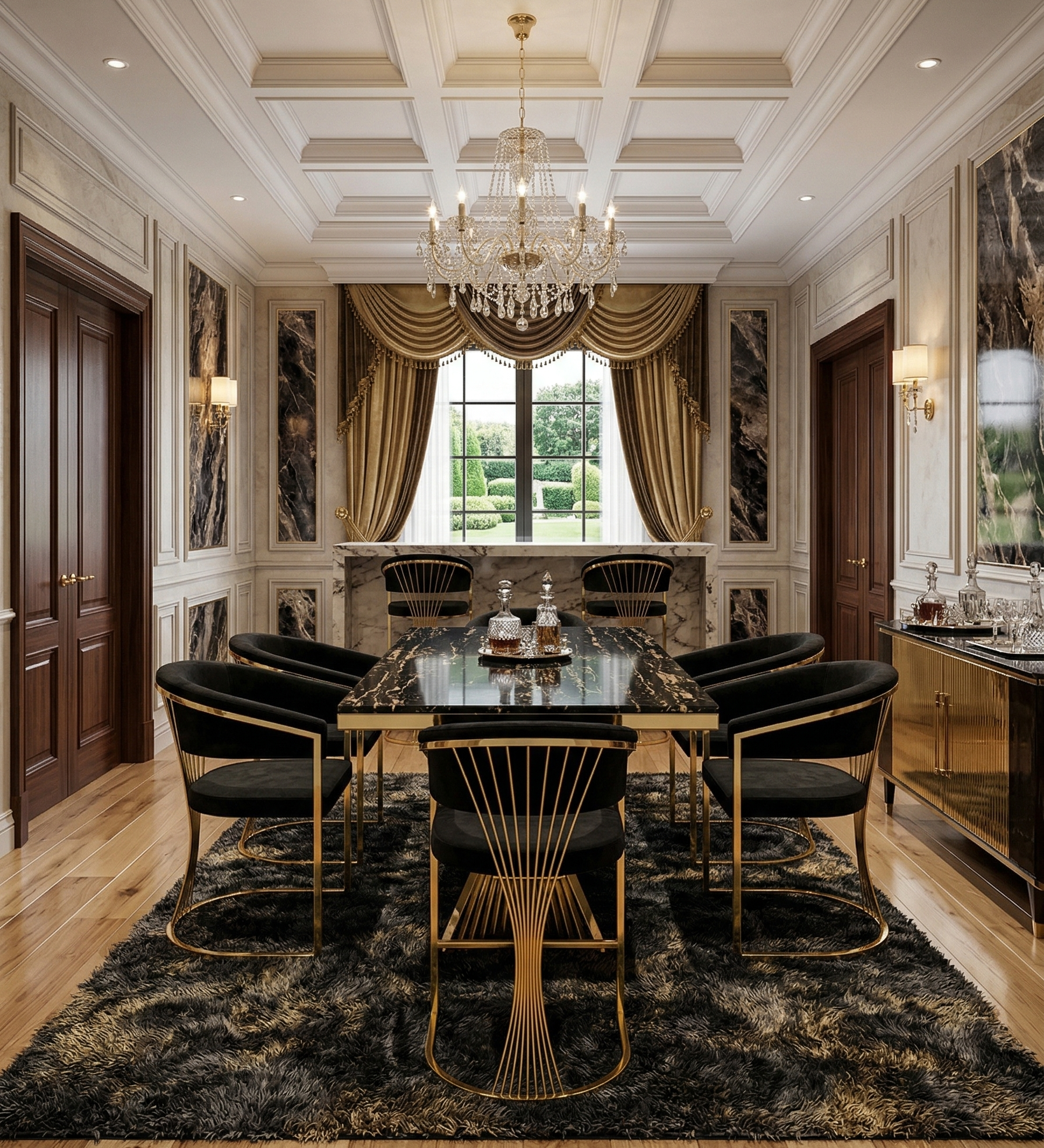 Ravello 160cm Black & Gold Marble Dining Table with Porado Chairs