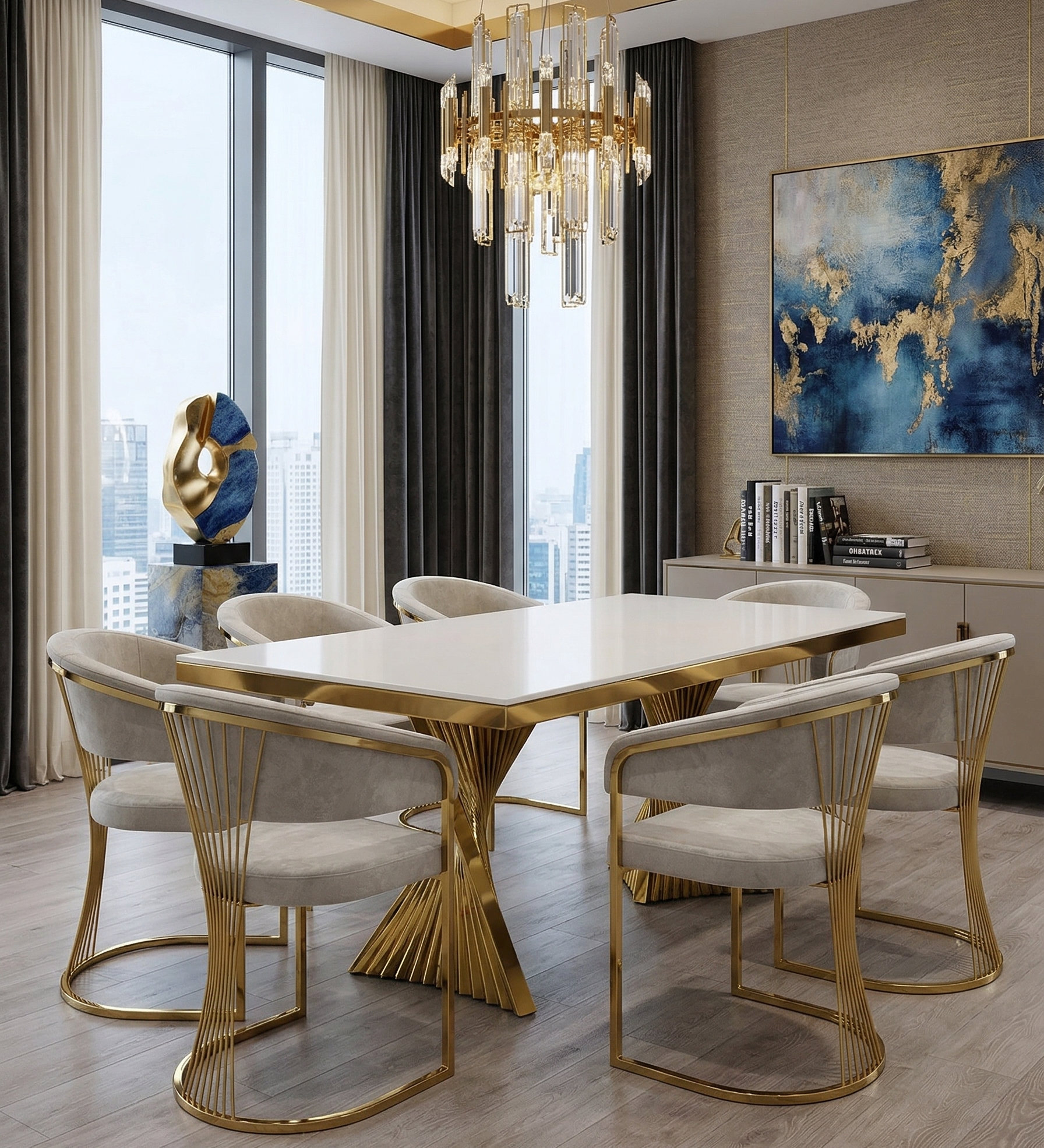 Ravello 160cm Cream & Gold Marble Dining Table with Porado Chairs