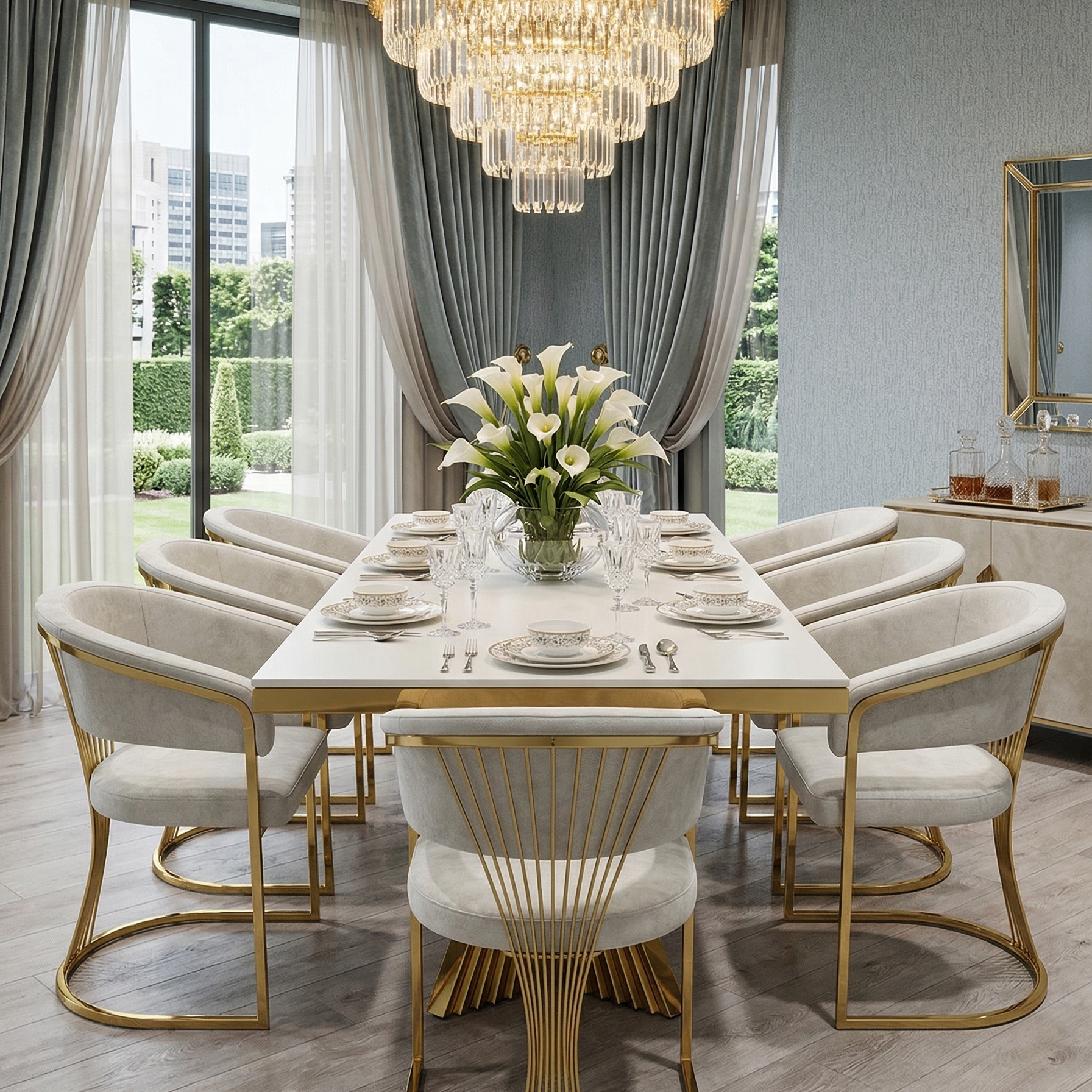Ravello 180cm Cream & Gold Marble Dining Table with Porado Chairs