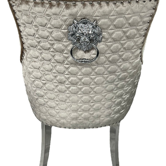 Majestic Chrome Lion Knocker Quilted Tufted Shimmer Velvet Dining Chair Chrome Legs - 2 Colours