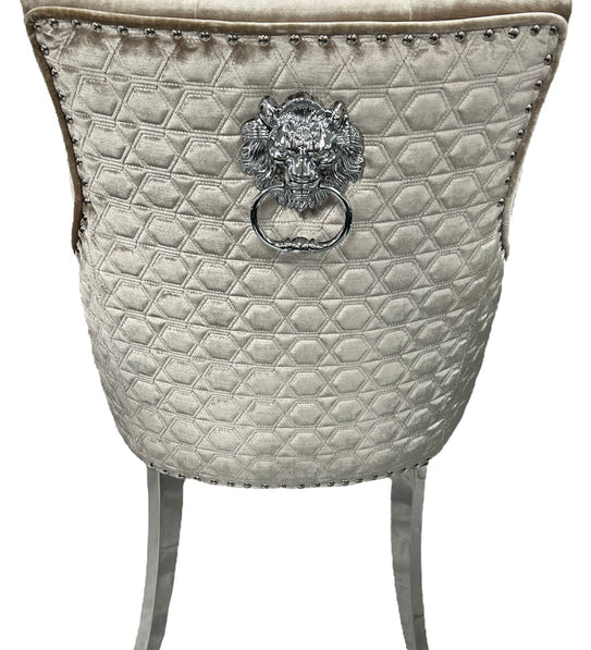 Majestic Chrome Lion Knocker Quilted Tufted Shimmer Velvet Dining Chair Chrome Legs - 2 Colours