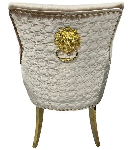 Gold Lion Knocker Quilted Tufted Plush Shiny Velvet Dining Chair Gold Legs - 2 Colours-Esme Furnishings