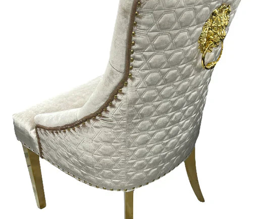 Majestic Gold Lion Knocker Quilted Tufted Shimmer Velvet Dining Chair Gold Legs - 2 Colours-Esme Furnishings