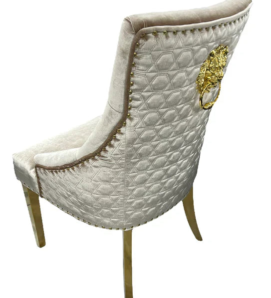 Majestic Gold Lion Knocker Quilted Tufted Shimmer Velvet Dining Chair Gold Legs - 2 Colours-Esme Furnishings