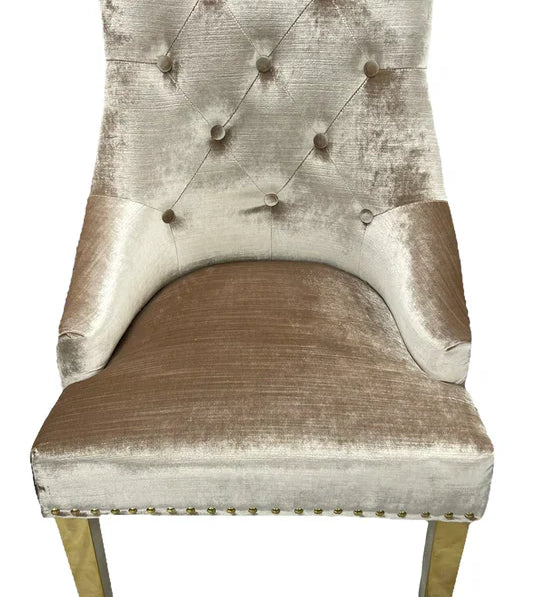 Majestic Gold Lion Knocker Quilted Tufted Shimmer Velvet Dining Chair Gold Legs - 2 Colours-Esme Furnishings