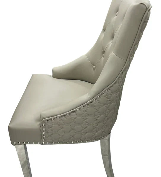 Roma Lion Knocker Quilted Tufted Shimmer Velvet/Leather Dining Chair Chrome Legs