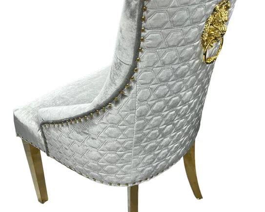 Gold Lion Knocker Quilted Tufted Plush Shiny Velvet Dining Chair Gold Legs - 2 Colours-Esme Furnishings
