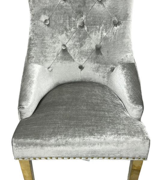 Gold Lion Knocker Quilted Tufted Plush Shiny Velvet Dining Chair Gold Legs - 2 Colours-Esme Furnishings
