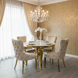 Sofia Round Cream & Gold Marble Dining Table with Victoria Knocker Chairs