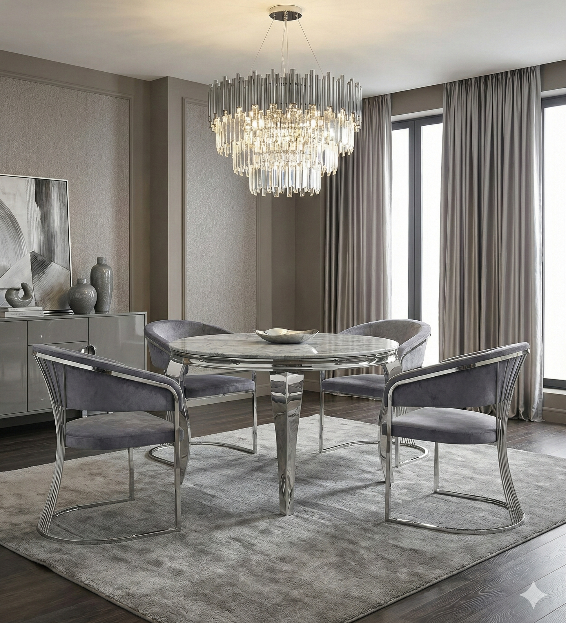 Sofia Grey Marble Dining Table with Porado Grey Chairs