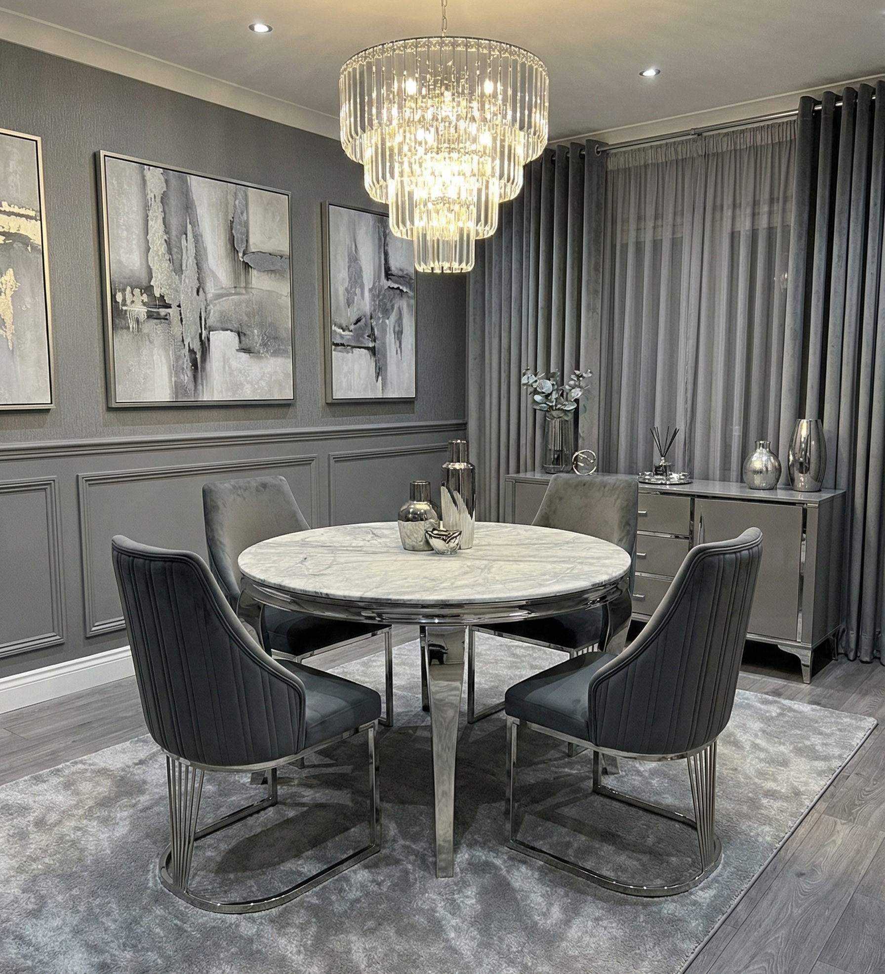 Sofia Grey Marble Dining Table with Lasco Grey Chairs