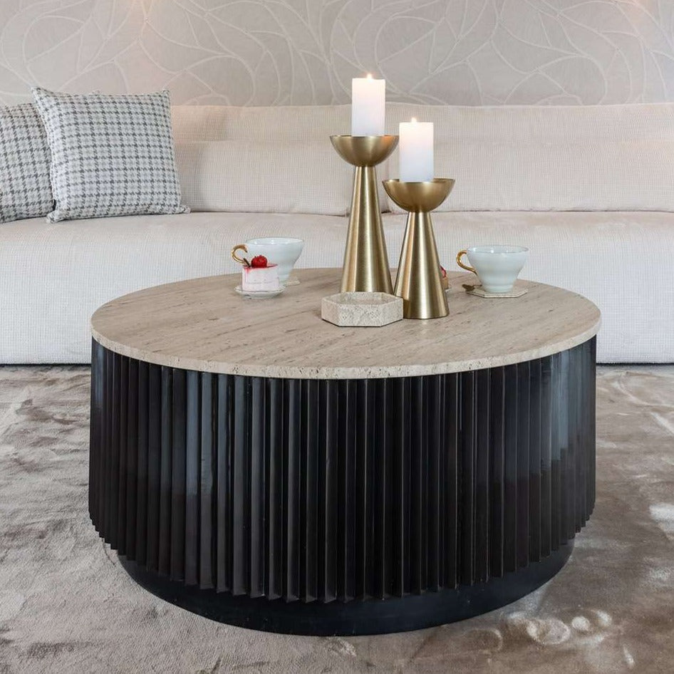 Richmond Interiors Hampton Black Wood & Beige Travertine Round Coffee Table