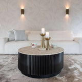 Richmond Interiors Hampton Black Wood & Beige Travertine Round Coffee Table