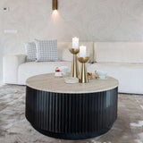 Richmond Interiors Hampton Black Wood & Beige Travertine Round Coffee Table