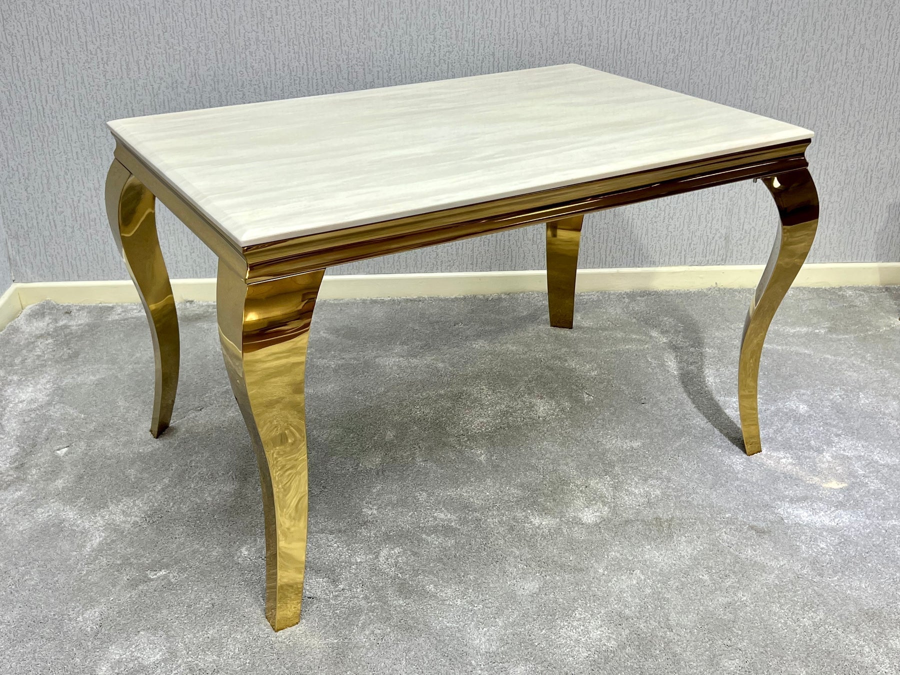 Louis Marble & Gold Dining Table With Lucy Slim Quilted Gold Ring Square Knocker Velvet Chairs