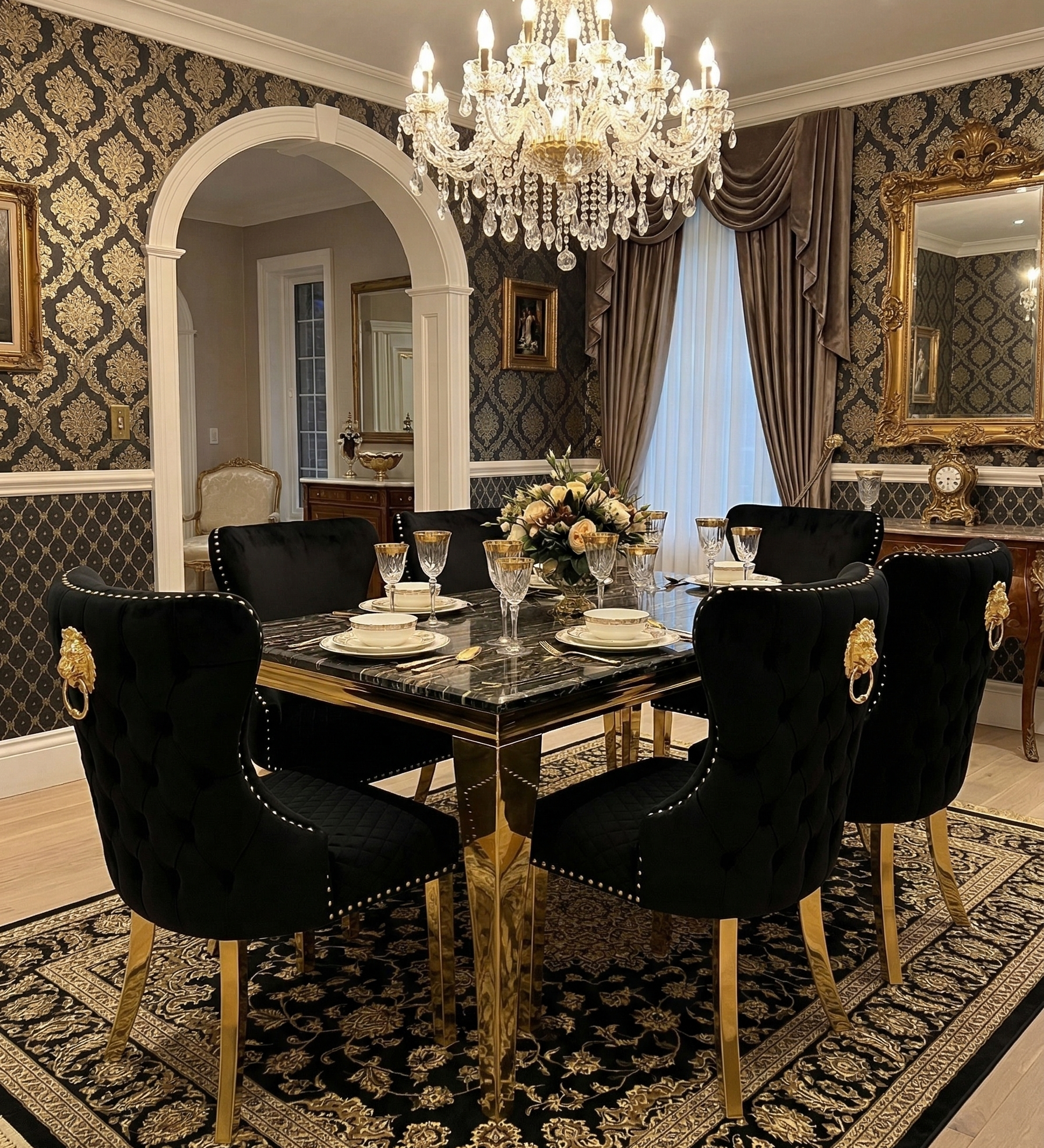 Sofia Black Gold Marble Dining Table with Valentino Gold Chairs