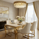Sofia Cream Gold Marble Dining Table with Lasco Cream Chairs