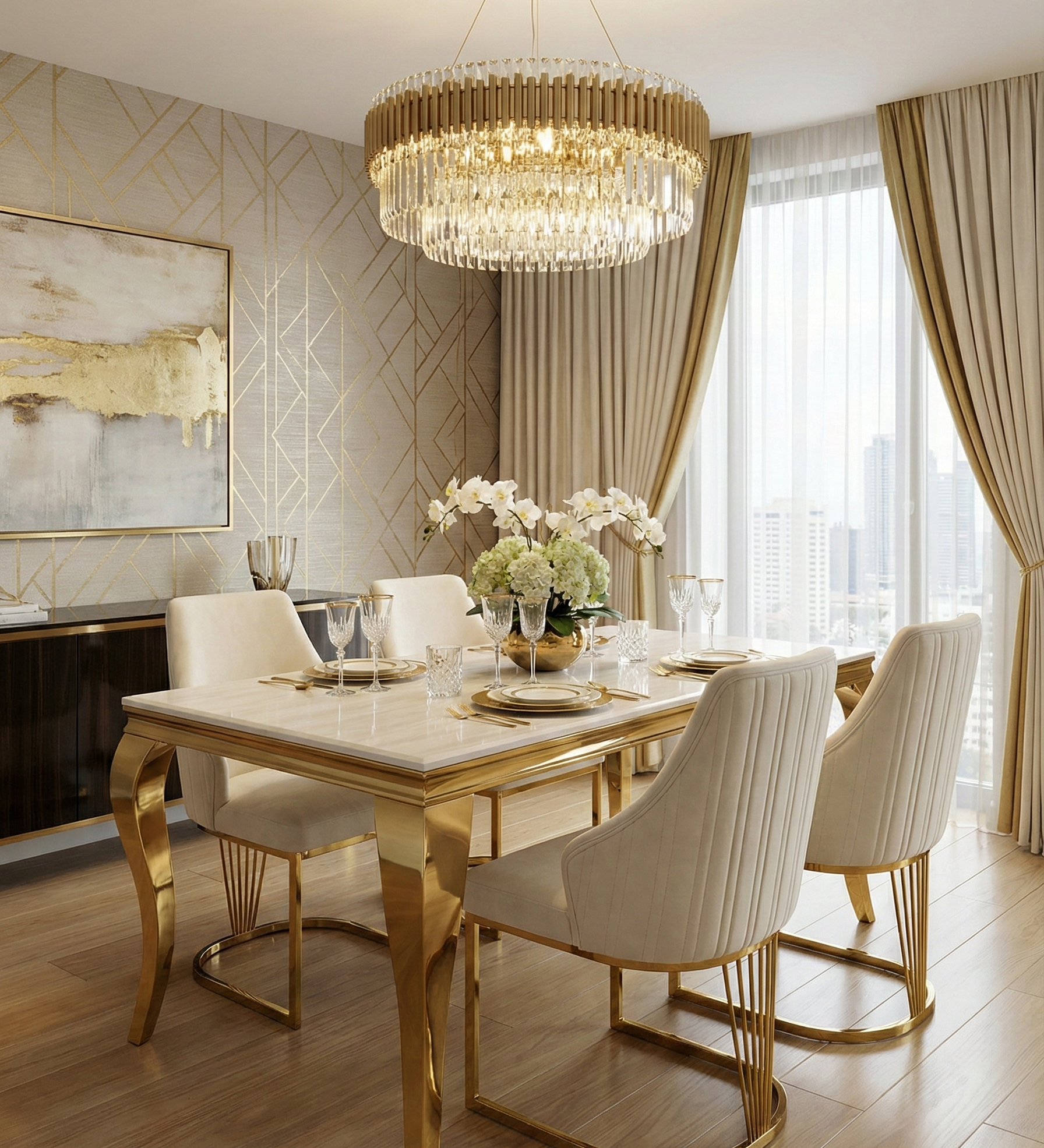 Sofia Cream Gold Marble Dining Table with Lasco Cream Chairs