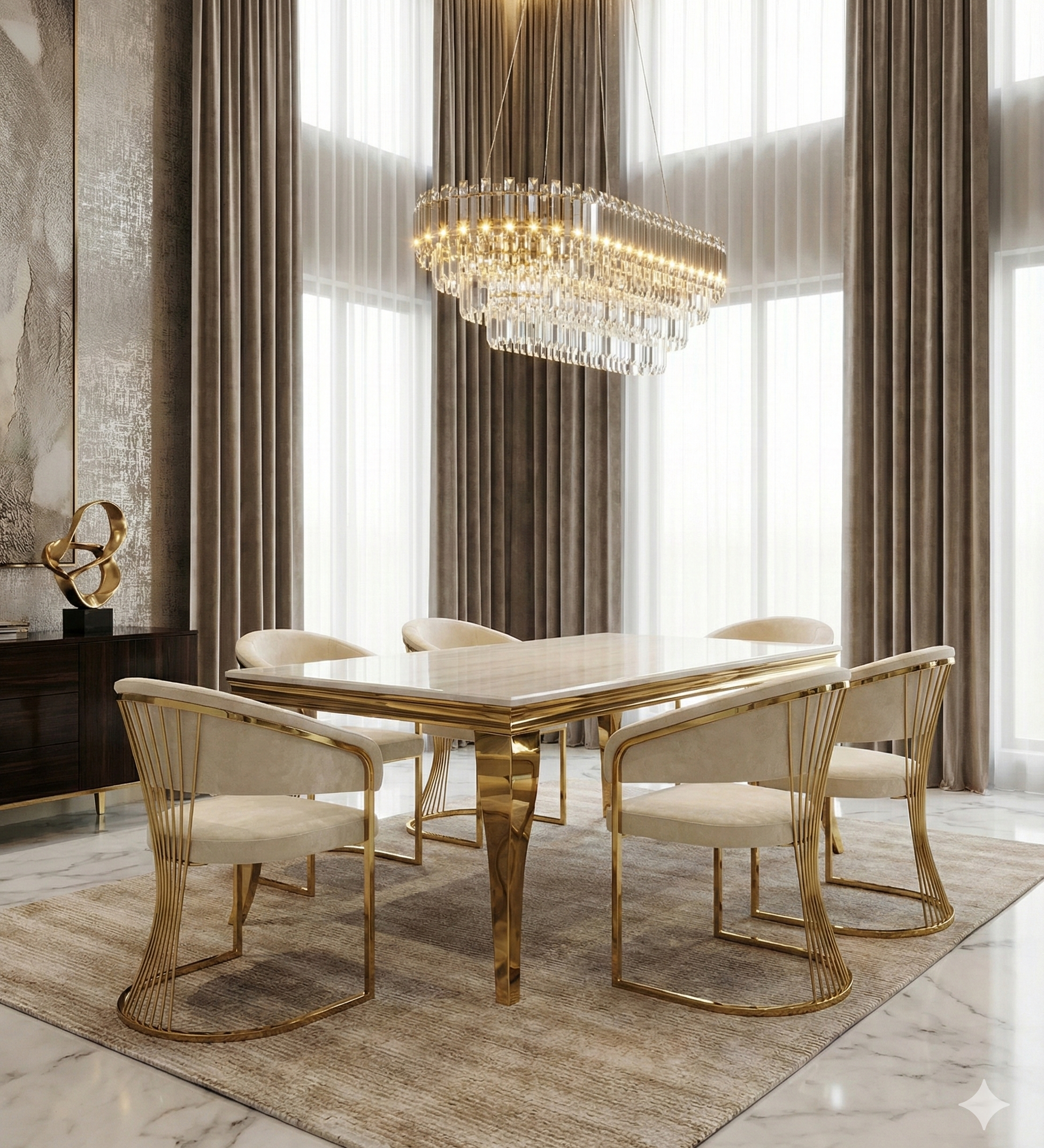 Sofia Cream Gold Marble Dining Table with Porado Chairs