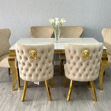 Sofia Cream Gold Marble Dining Table with Valentino Gold Chairs