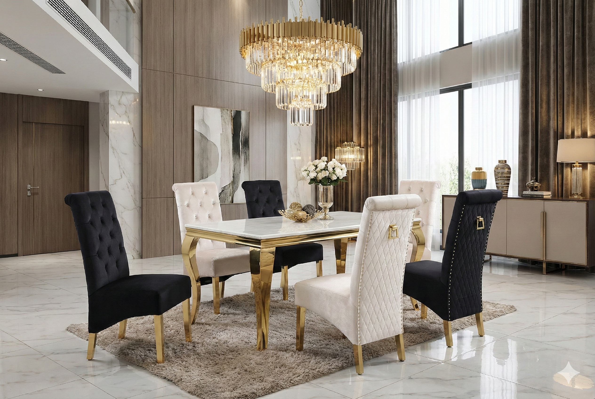 Sofia Cream Gold Marble Dining Table with Sofia Cream Gold Chairs