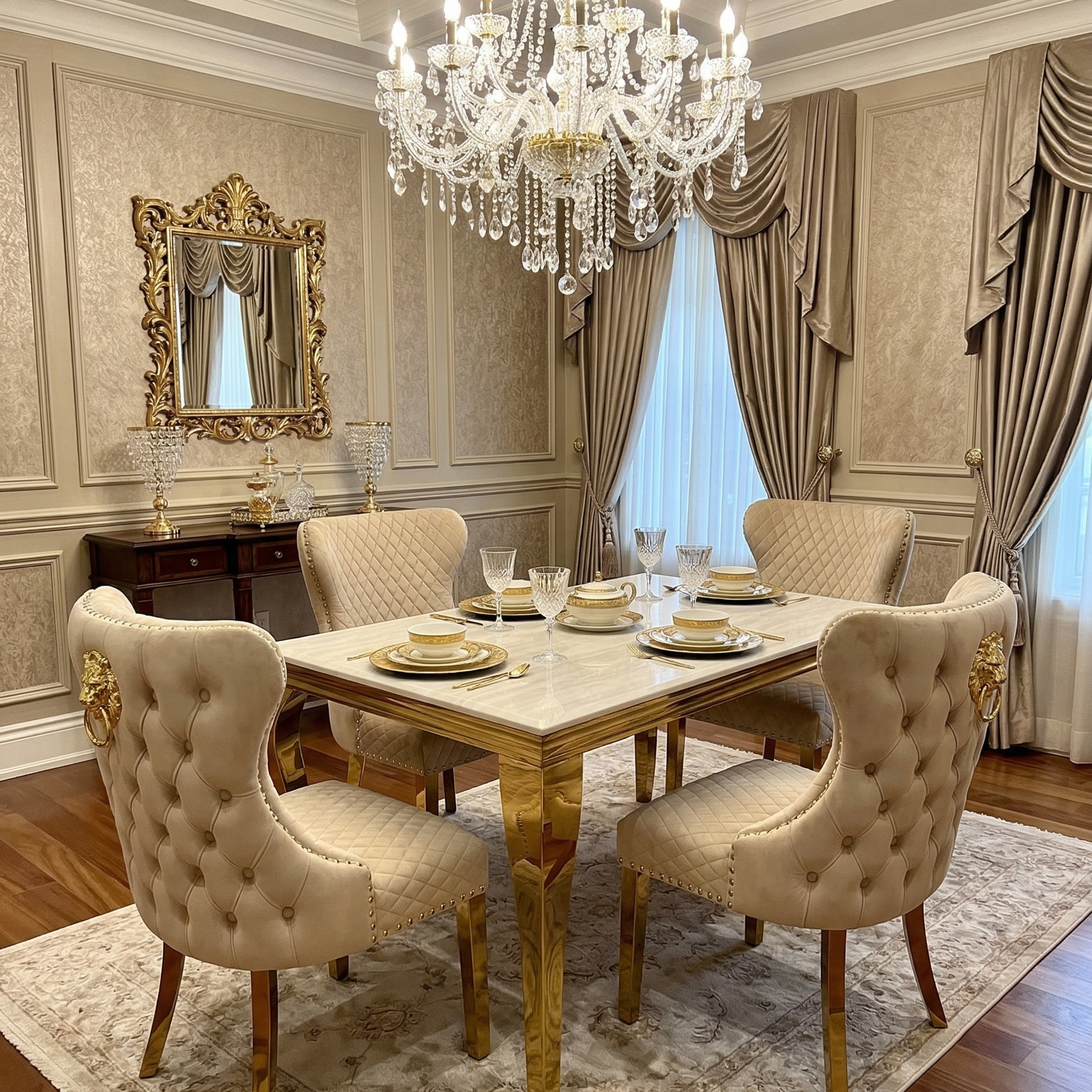 Elina 160cm Gold Marble Dining Table with Valentino Gold Chairs