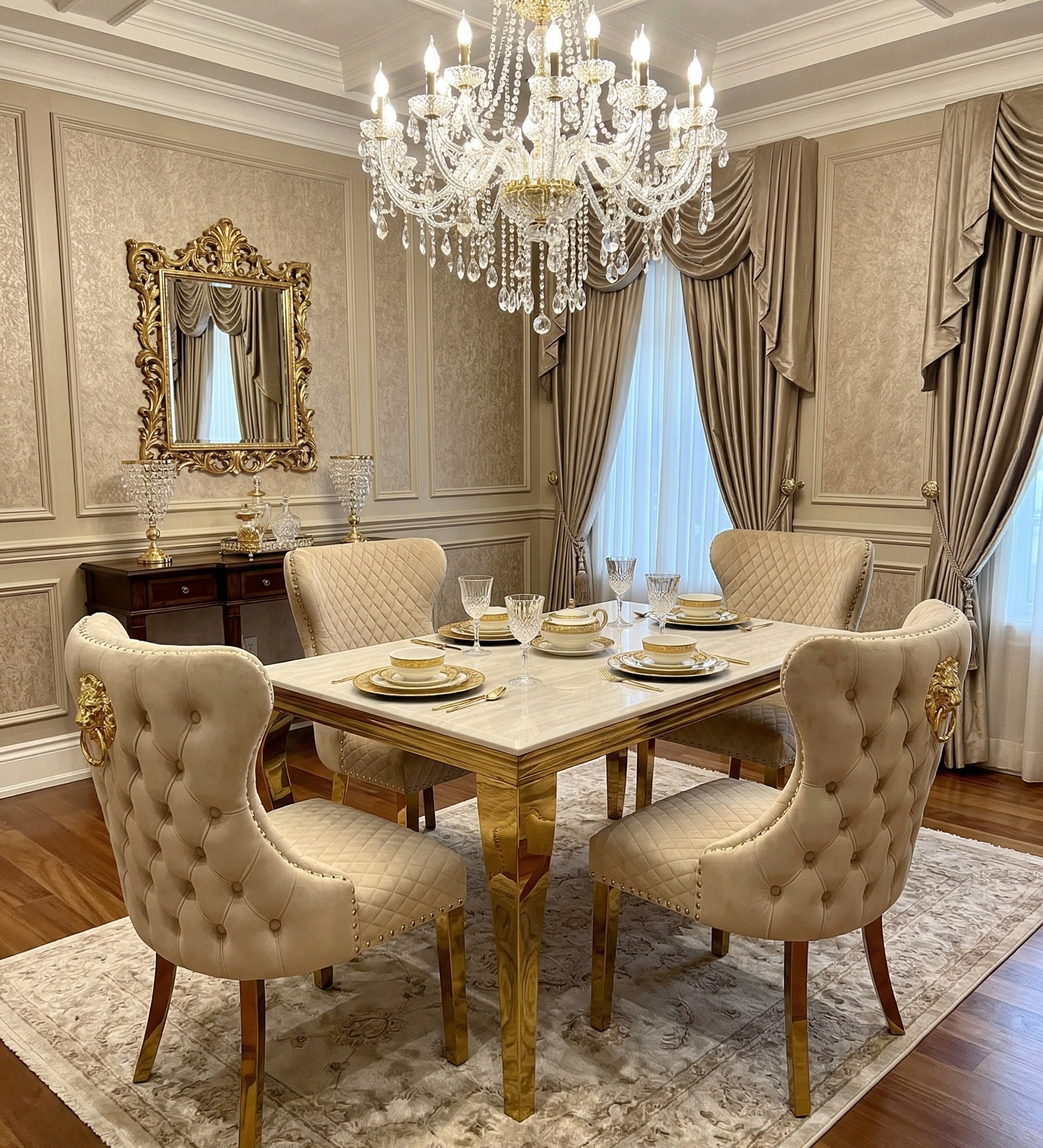 Elina 160cm Gold Marble Dining Table with Valentino Gold Chairs